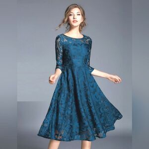 Stylewe Teal Midi-Dress with  Sweetheart Bust, Sheer Mesh Overlay, Sz Large, NWT